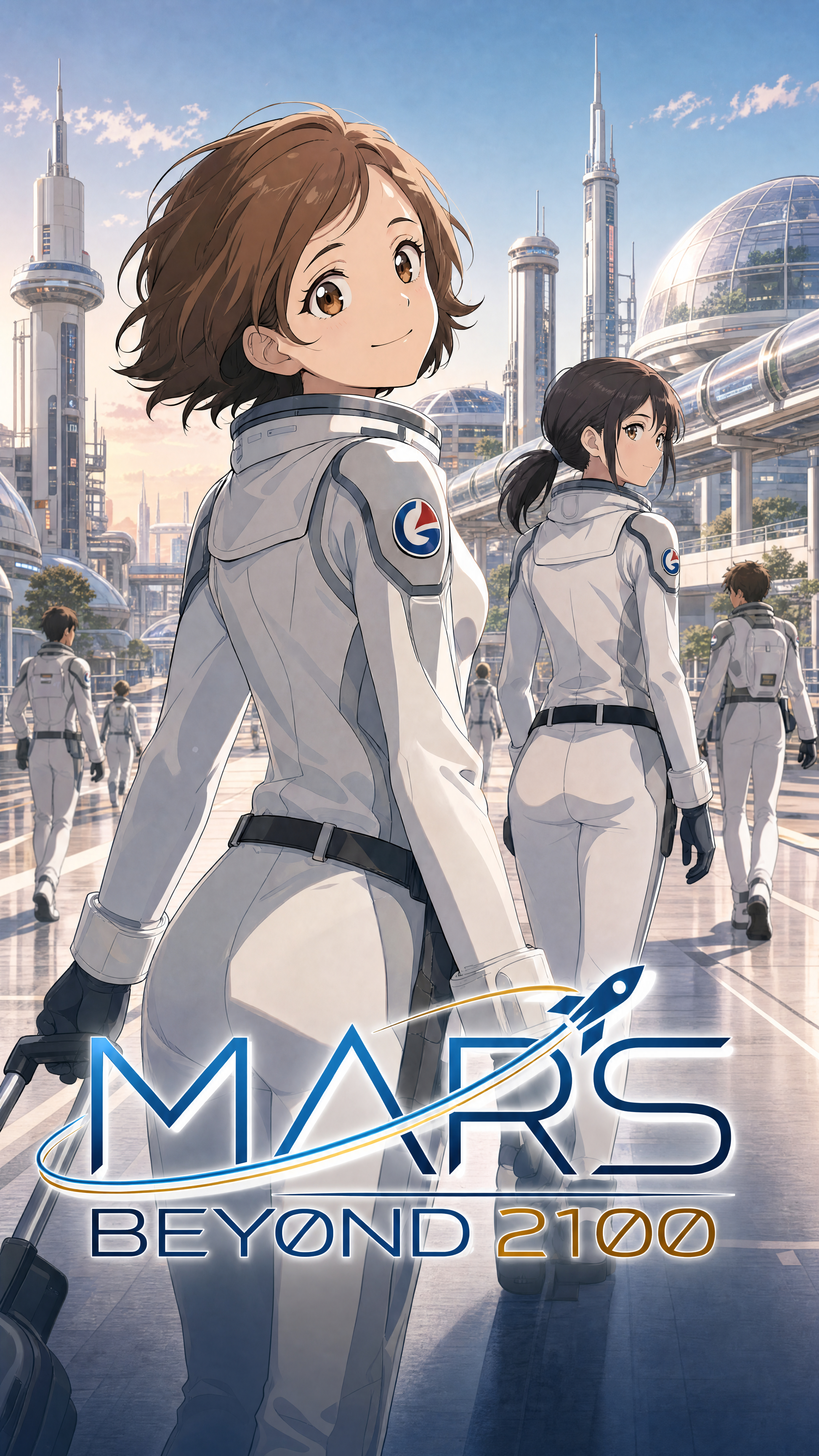 Mars: Beyond 2100 — two young astronauts in a sunlit city on Mars.