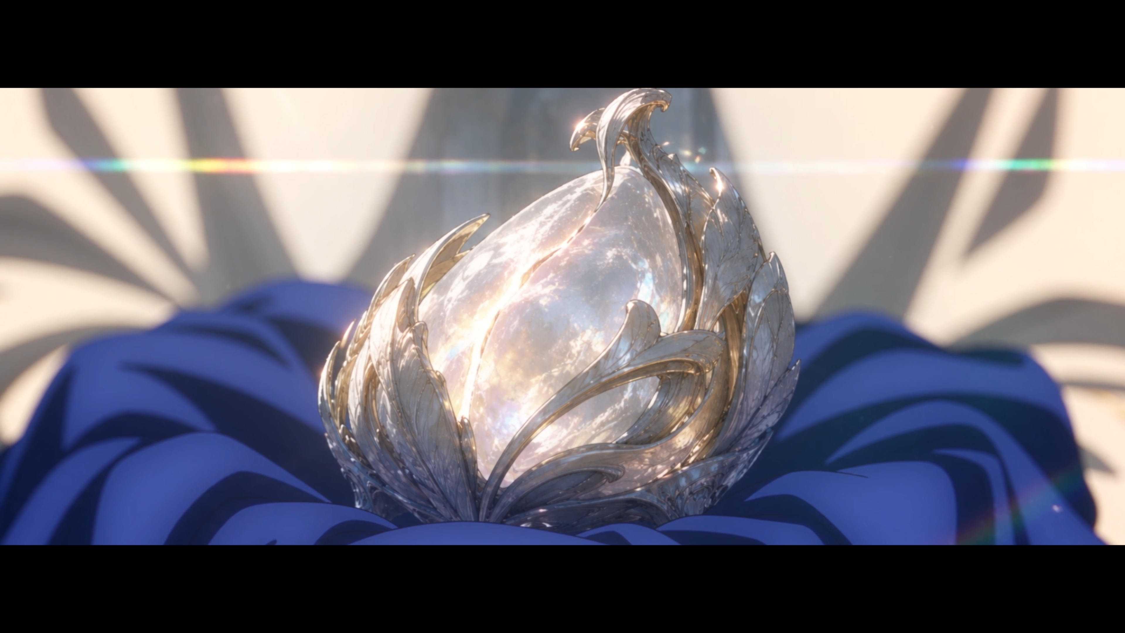 Soul Limit — an ornate, luminous silver vessel resting on deep blue fabric.
